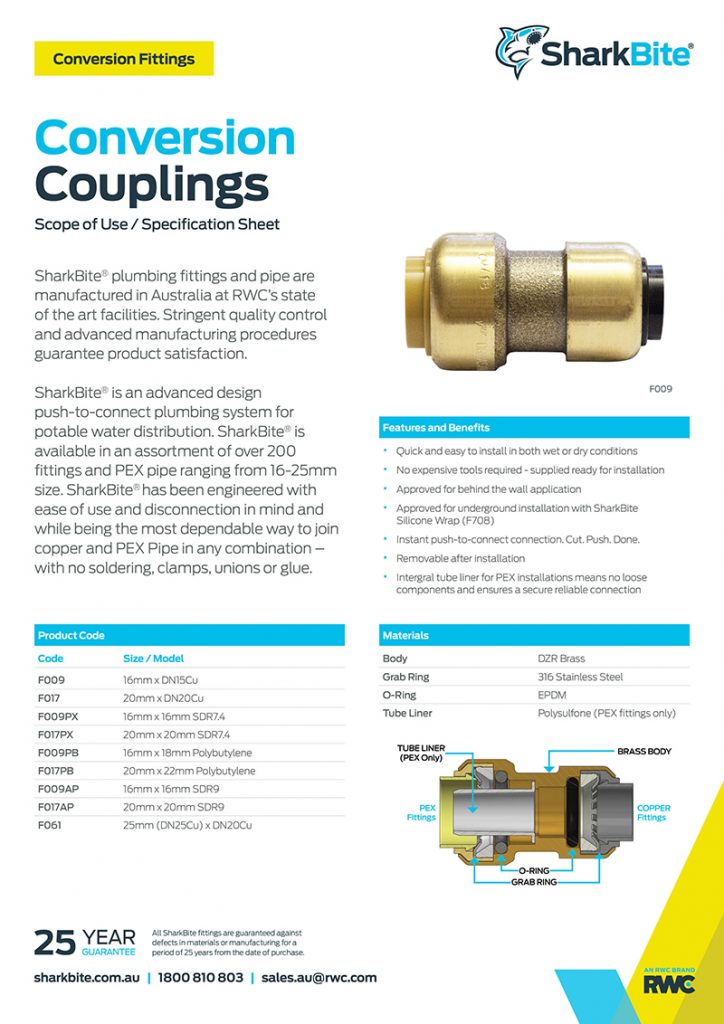 F1 Conversion Couplings PEX PB Sharkbite Australia