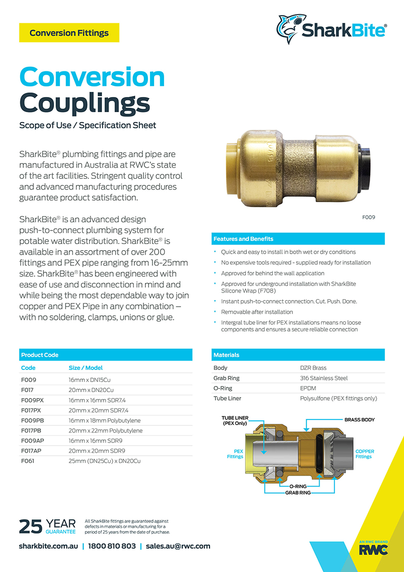F1 Conversion Couplings PEX PB Sharkbite Australia