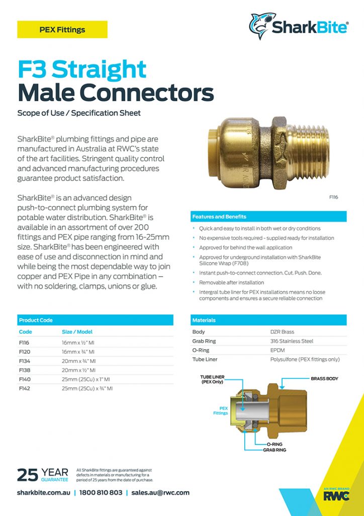 F3 Straight Connectors Sharkbite Australia