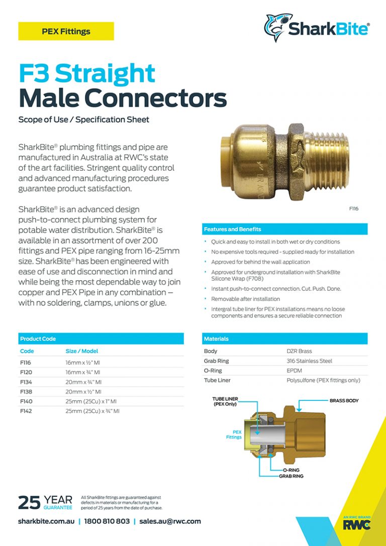 F3 Straight Connectors Sharkbite Australia